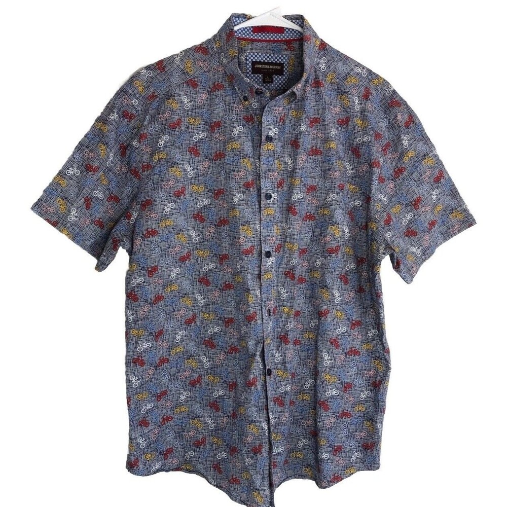 Johnston & Murphy Men's Shirt L Blue Bicycle Print Short Sleeve Button Cotton